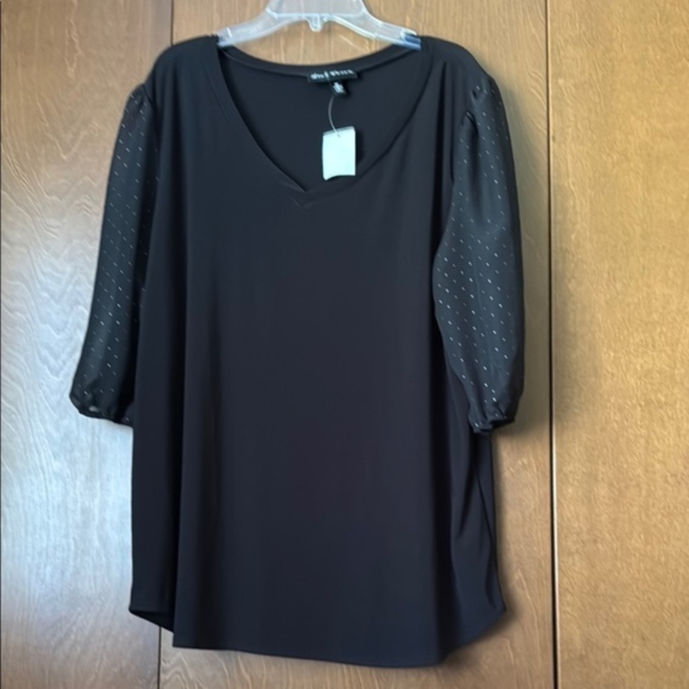 Star Vixen Jersey Knit Tunic Black V-Neck Women's Top Embellished Sheer Sleeves